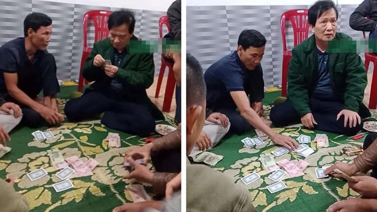 Hình ảnh được cho là Chủ tịch UBND xã Hương Lâm, Phạm Đại Dũng (người mang áo xanh dài tay) tham gia đánh bạc. 