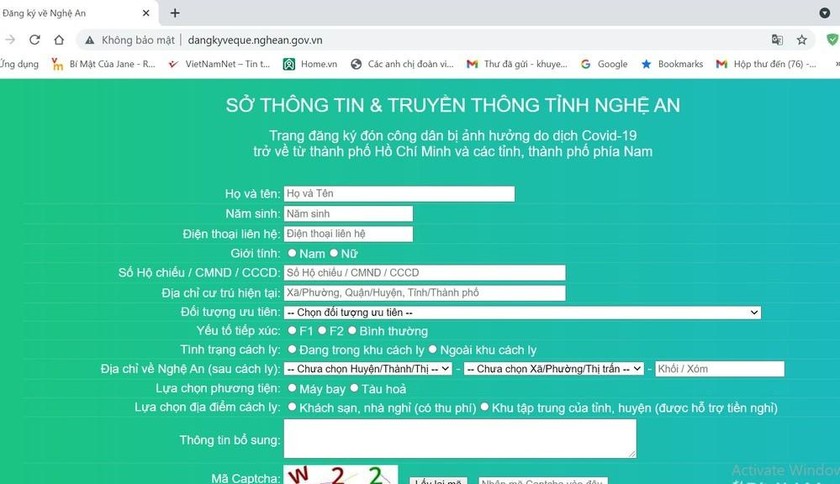 Website trang đăng ký về quê của Nghệ An