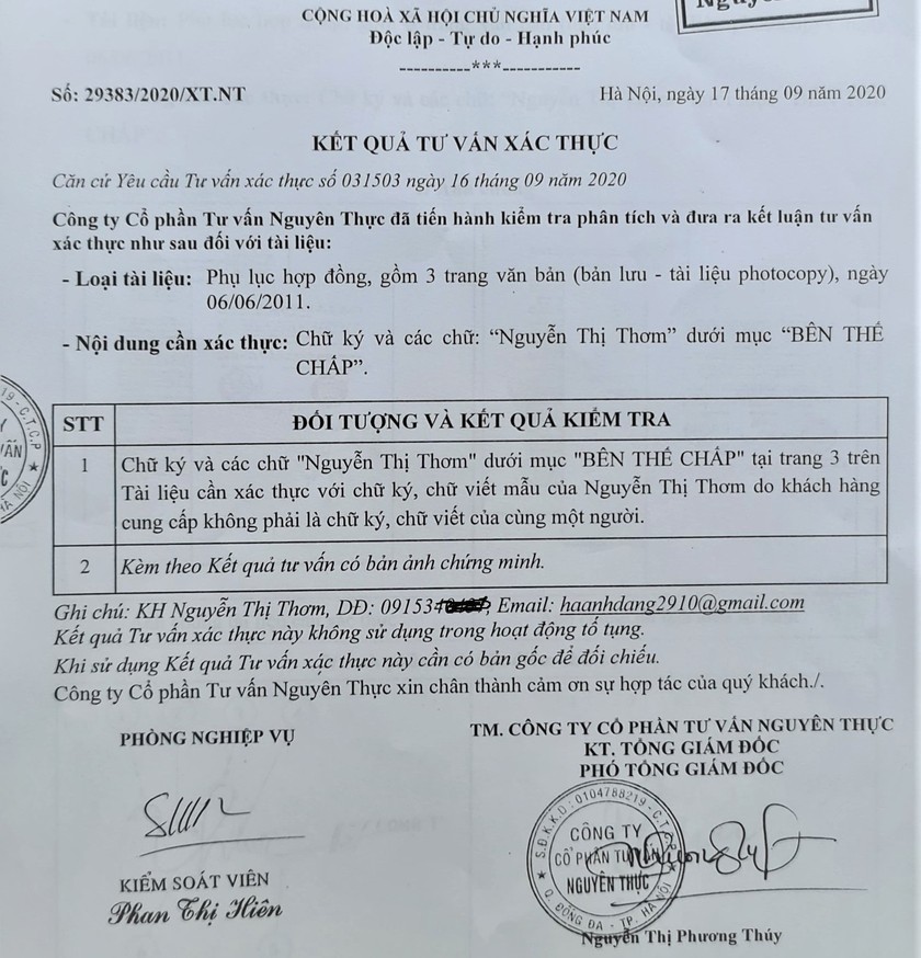 Kết quả xác thực chữ ký của bà Nguyễn Thị Thơm trong hợp đồng tín dụng tại Nam Á Bank.