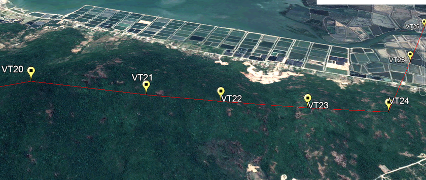 Vị trí các cột của Đường dây 500 kV Vân Phong - Vĩnh Tân từ vệ tinh