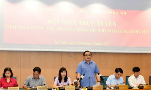 Bí thư Thành ủy Hà Nội Hoàng Trung Hải phát biểu chỉ đạo tại buổi giao ban trực tuyến về chống dịch sốt xuất huyết sáng 4-9-2017.
