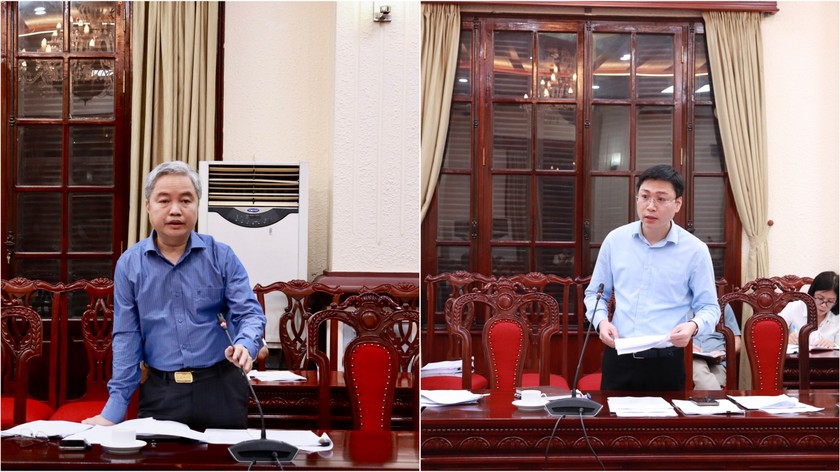 Tổng cục trưởng Tổng cục THADS Nguyễn Quang Thái và Chánh Văn phòng Bộ Đỗ Xuân Quý phát biểu ý kiến