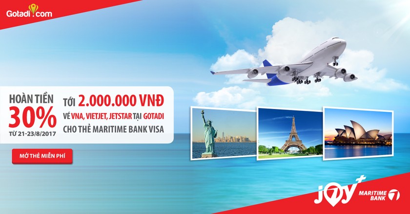 Hoàn tiền đến 2 triệu đồng cho chủ thẻ tín dụng du lịch Maritime Bank Visa  khi đặt vé máy bay tại Gotadi
