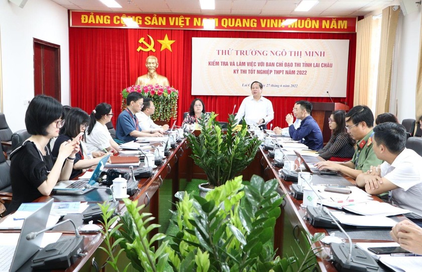  Đoàn công tác của Bộ Giáo dục và Đào tạo do Thứ trưởng Bộ Giáo dục và Đào tạo Ngô Thị Minh làm việc với Ban Chỉ đạo Kỳ thi tốt nghiệp THPT năm 2022 tỉnh Lai Châu