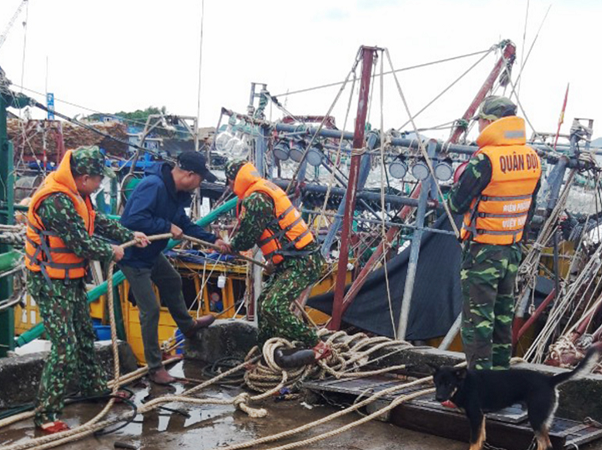 Cán bộ, chiến sỹ Đồn BP Quảng Đức giúp ngư dân huyện Hải Hà gia cố, chằng buộc tàu thuyền tránh trú bão.