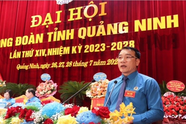 Ông Tô Xuân Thao, Chủ tịch LĐLĐ tỉnh Quảng Ninh khóa XIV, nhiệm kỳ 2023- 2028 phát biểu bế mạc Đại hội.