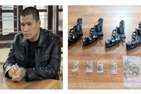 Đối tượng cầm đầu Nguyễn Anh Sơn, sinh năm 1998 cùng 4 khẩu súng tại cơ quan công an.