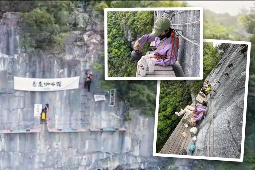 Quán cà phê đặc biệt nằm trên mặt vách đá cao 200m ở Libo, tỉnh Quý Châu, Trung Quốc