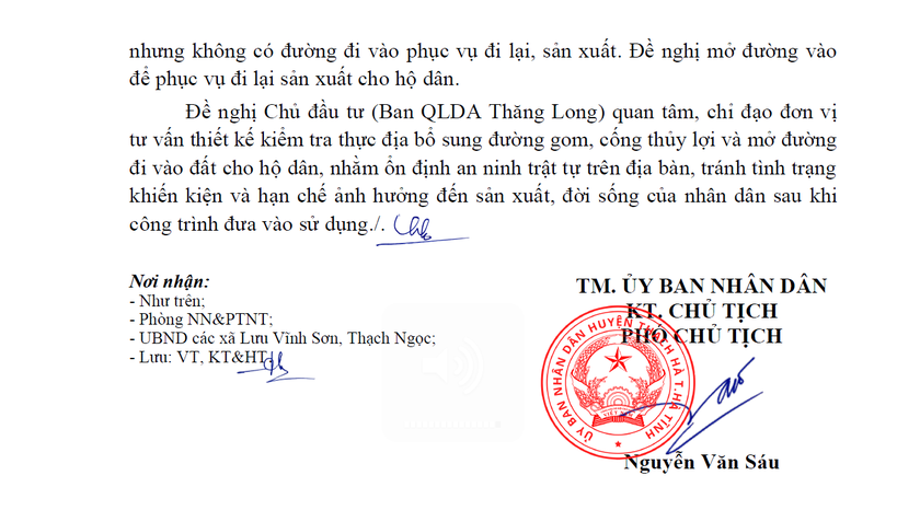 lVăn bản của UBND huyện Thạch Hà gửi chủ đầu tư dự án. (Ảnh: Hữu Anh)