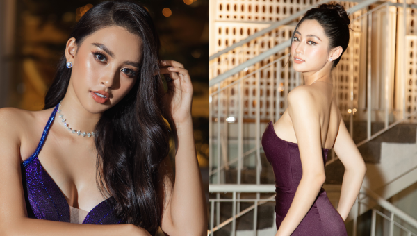 Hoa hậu Tiểu Vy - Lương Thùy Linh khoe nhan sắc trong trang phục màu tím hot trend năm nay.