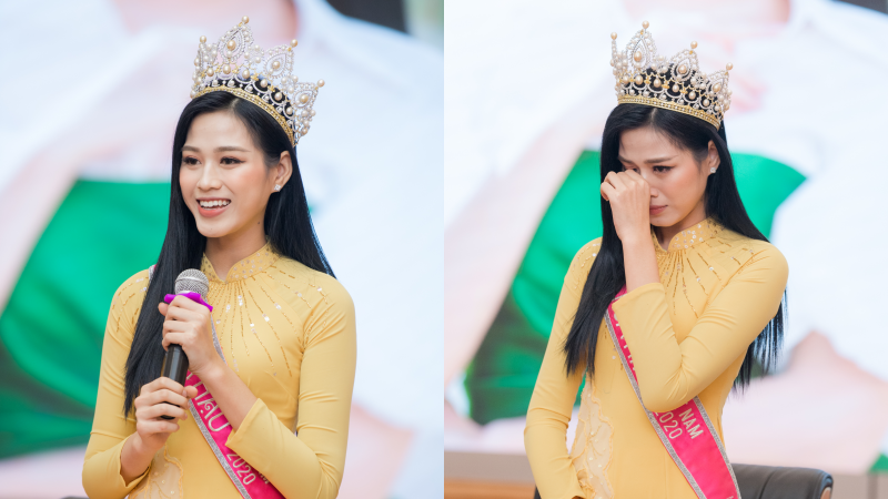 Hoa hậu Đỗ Thị Hà xúc động trong lần về thăm trường sau khi đăng quang.