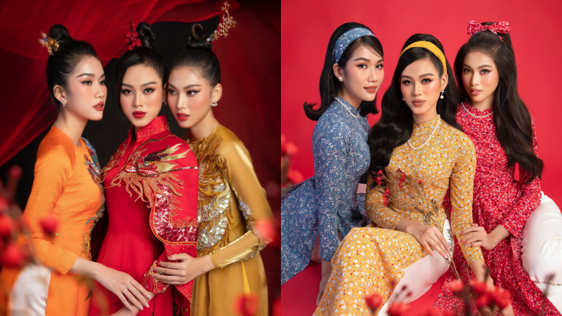 Hoa hậu Đỗ Thị Hà, Á hậu Phương Anh, Ngọc Thảo khoe sắc trong trang phục áo dài.