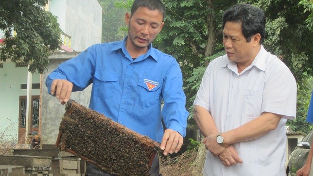 Bí thư Tỉnh ủy Tuyên Quang Nguyễn Sáng Vang (bên phải) đang xem mô hình nuôi ong  của anh Trần Xuân Phong.