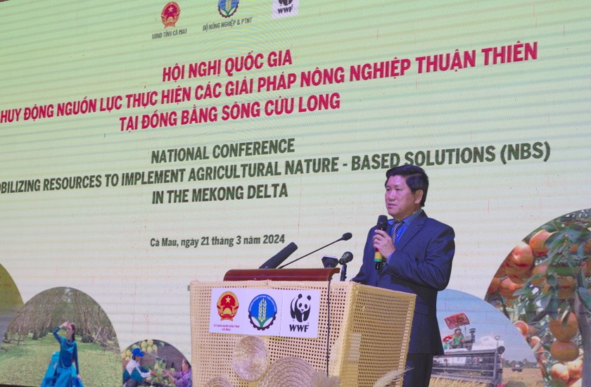 Đại diện cho 13 tỉnh/thành phố, ông Lê Văn Sử - Phó Chủ tịch UBND tỉnh Cà Mau trình bày thực trạng về triển khai giải pháp thuận thiên của ĐBSCL.