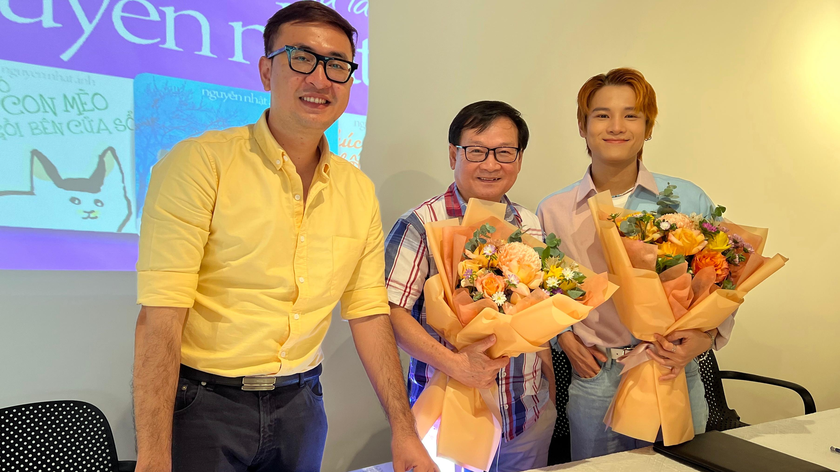 Từ trái qua: Lê Hoàng Thạch, Nguyễn Nhật Ánh, Phạm Đình Thái Ngân tại buổi ra mắt dự án sách nói - Ảnh: BTC