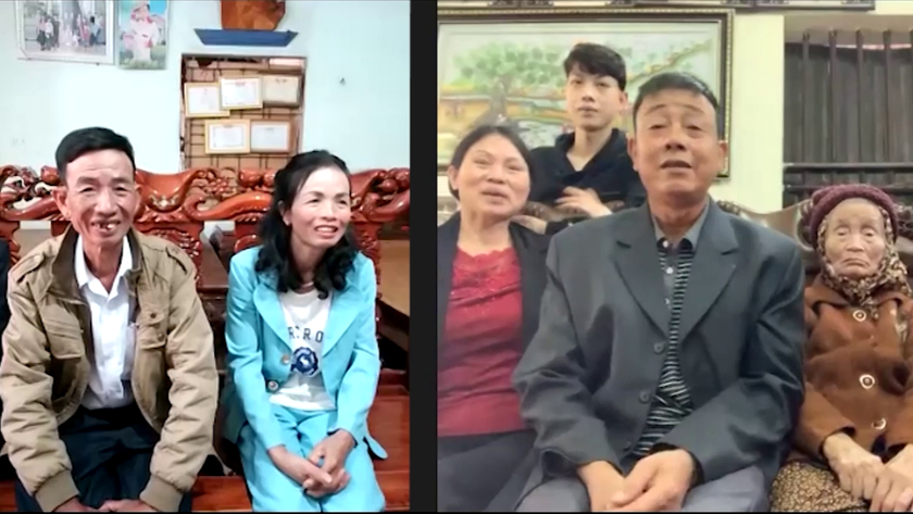 Giây phút ông Giồng (hình phải) kết nối cùng gia đình là ông Dũng, ông Giống và bà Loan (từ trái qua, hình trái) - Ảnh chụp màn hình