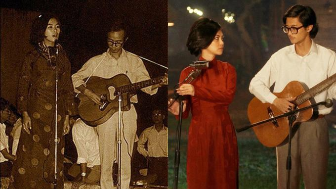 Áo dài của Khánh Ly khi hát ở Quán Văn, Sài Gòn ngoài đời (trái) và trong phim có sự tương đồng về họa tiết, kiểu dáng. Ảnh: Tài liệu, Galaxy