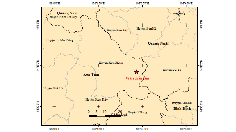 Hình ảnh vị trí chấn tâm của trận động đất thứ 4 trong ngày 18/4 tại tỉnh Kon Tum. Ảnh: Viện Vật lý Địa Cầu.
