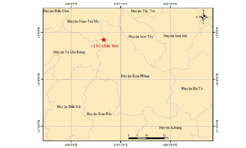 Vị trí tâm của trận động đất thứ 2 trong buổi sáng 9/2 tại Kon Tum.