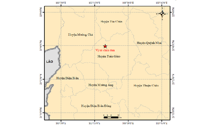 Vị trí xảy ra trận động đất đêm qua ở Điện Biên. Ảnh: Viện Vật lý Địa Cầu