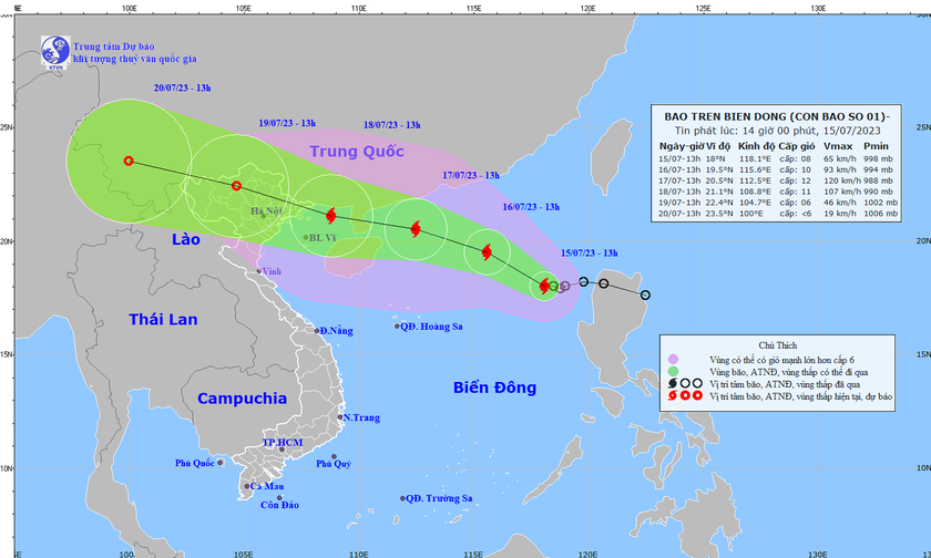 Dự báo vị trí và hướng di chuyển của cơn bão số 1. Ảnh: nchmf.gov.vn