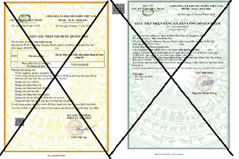 Hình ảnh hai loại giấy bị giả mạo. Nguồn: Cục An toàn thực phẩm