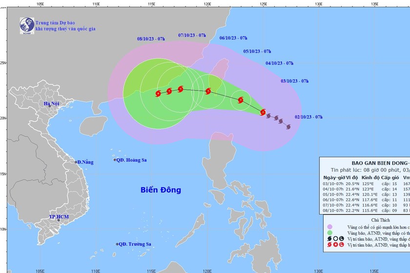 Dự báo vị trí, hướng di chuyển của bão Koinu. Ảnh: Trung tâm dự báo KTTV Quốc gia