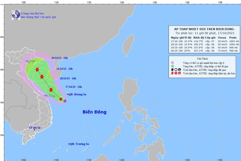 Dự báo vị trí, hướng di chuyển của áp thấp nhiệt đới trên biển. Ảnh: nchmf.gov.vn