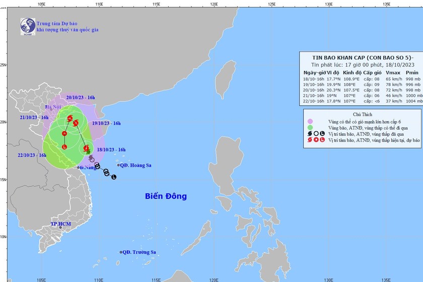 Dự báo vị trí, hướng di chuyển của bão số 5. Ảnh: nchmf.gov.vn