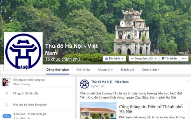 Trang facebook của UBND TP.Hà Nội hoạt động từ tháng 12/2015
