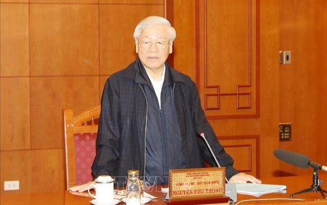 Tổng Bí thư, Chủ tịch nước Nguyễn Phú Trọng, Trưởng Tiểu ban Nhân sự Đại hội XIII của Đảng phát biểu chỉ đạo cuộc họp. Ảnh: TTXVN