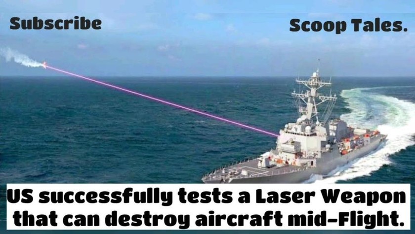 Hình ảnh tia lase phát ra từ boong tàu chiến và máy bay không người lái đang cháy trên không. Ảnh: Youtube