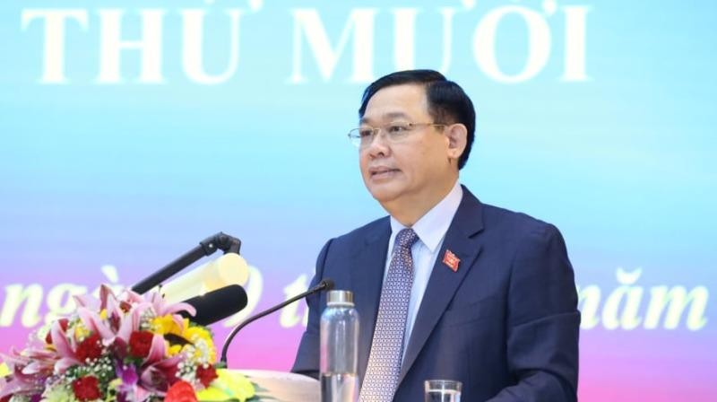 Bí thư Thành ủy Hà Nội Vương Đình Huệ phát biểu tại hội nghị tiếp xúc với cử tri huyện Ứng Hòa. Ảnh: VGP/Gia Huy