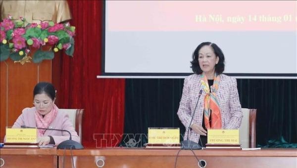 Trưởng Ban Dân vận Trung ương Trương Thị Mai phát biểu tại hội nghị. Ảnh: TTXVN