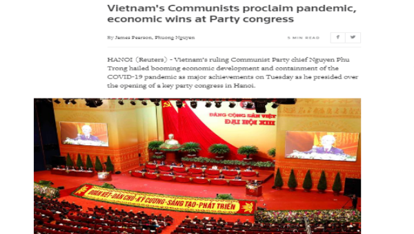 Hãng tin Reuters đưa tin về phiên khai mạc Đại hội Đảng toàn quốc lần thứ XIII, sáng 26/1. (Ảnh chụp màn hình)
