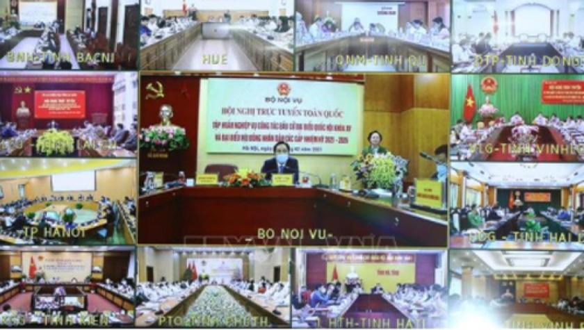 Hội nghị trực tuyến về tập huấn công tác bầu cử do Bộ Nội vụ tổ chức sáng 25/2. Ảnh: TTXVN