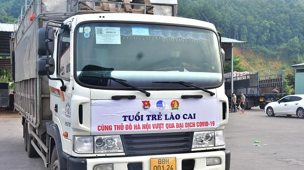 Các chuyến xe đưa hàng nông sản Lào Cai bắt đầu di chuyển về Hà Nội. Ảnh: Hữu Huỳnh