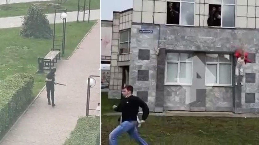 Hình ảnh cắt ra từ video được đăng tải trên mạng xã hội cho thấy nghi phạm (ảnh trái) và các sinh viên phải nhảy ra khỏi cửa sổ từ tầng hai. 