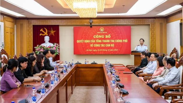 Phó Tổng Thanh tra Chính phủ Trần Ngọc Liêm phát biểu tại Lễ công bố quyết định của Tổng Thanh tra Chính phủ về công tác cán bộ. 