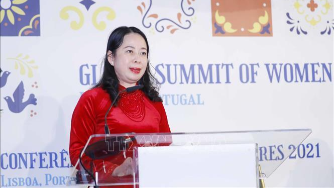 Phó Chủ tịch nước Võ Thị Ánh Xuân phát biểu tại Hội nghị Thượng đỉnh Phụ nữ toàn cầu 2021. Ảnh: TTXVN