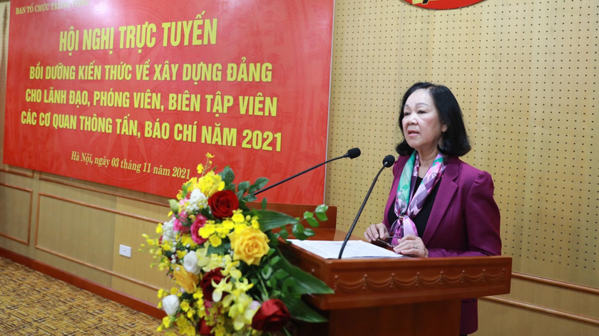 Ủy viên Bộ Chính trị, Bí thư Trung ương Đảng, Trưởng Ban Tổ chức Trung ương Trương Thị Mai dự và phát biểu tại hội nghị. Ảnh: VGP