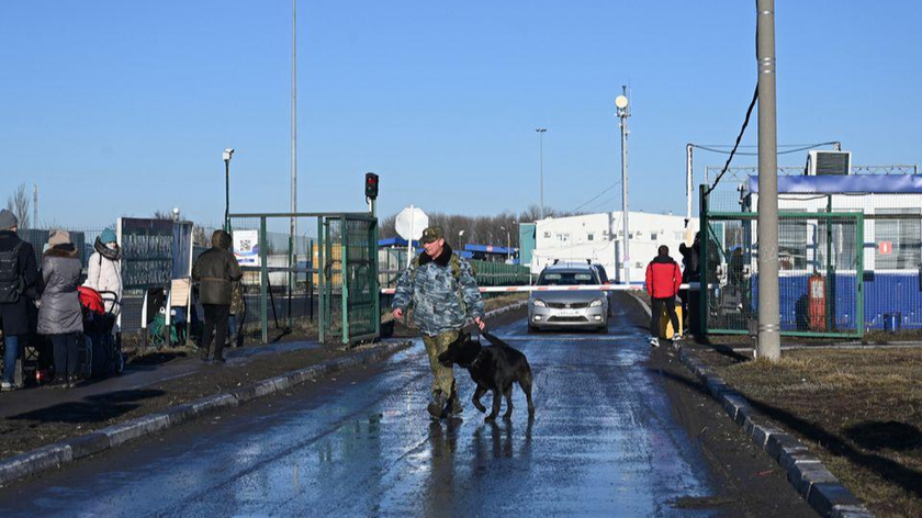 Một người lính biên phòng đi dạo với một con chó tại trạm kiểm soát biên giới Matveyev Kurgan ở vùng Rostov, Nga ngày 19/2/2022. Ảnh: REUTERS