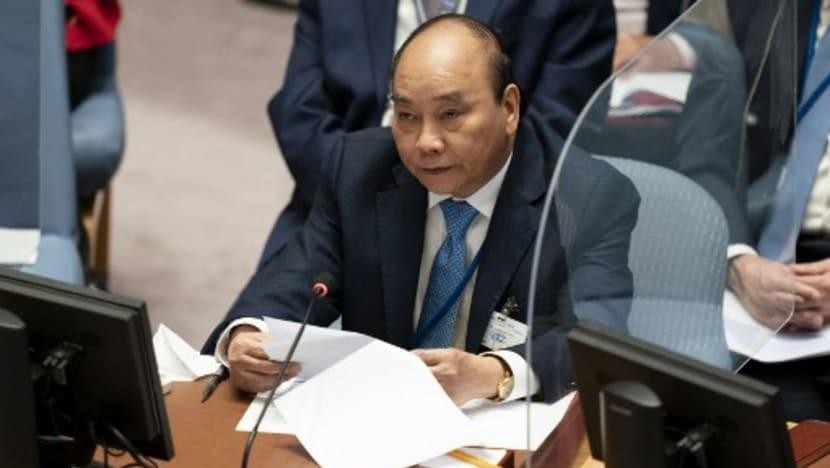 Chủ tịch nước Nguyễn Xuân Phúc phát biểu trong cuộc họp của Hội đồng Bảo an Liên hợp quốc, ngày 23/9/2021, tại Đại hội đồng Liên hợp quốc lần thứ 76 ở New York, Mỹ Ảnh: Pool/AFP