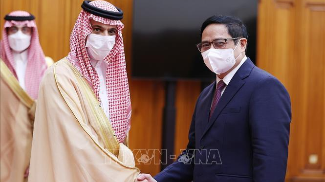 Thủ tướng Phạm Minh Chính tiếp Bộ trưởng Ngoại giao Saudi Arabia Faisal Bin Farhan Al Saud. Ảnh: Dương Giang/TTXVN