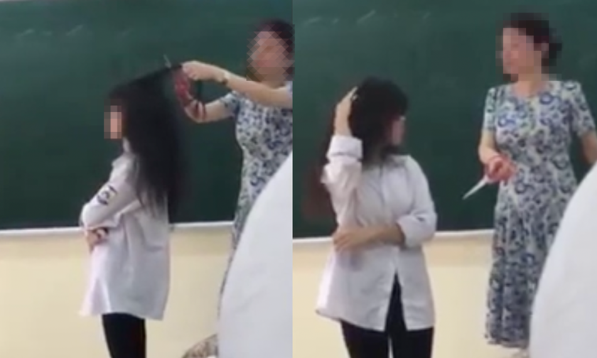 Cô giáo cắt phần tóc đen của học sinh trước lớp. Ảnh cắt từ clip