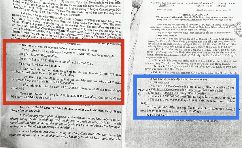 Trong văn bản gửi Chi cục THADS Tuy Phong, 5 tài sản được xác định có giá 27,524 tỷ đồng (bên trái), còn khi đưa ra bán đấu giá thì có giá 34,141 tỷ đồng (bên phải).