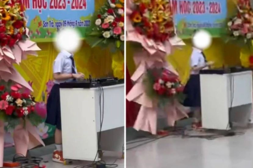 Hình ảnh bé gái lớp 3 tại Đà Nẵng hóa thân thành DJ, nhảy nhót cùng các bạn và cô giáo trong lễ khai giảng.