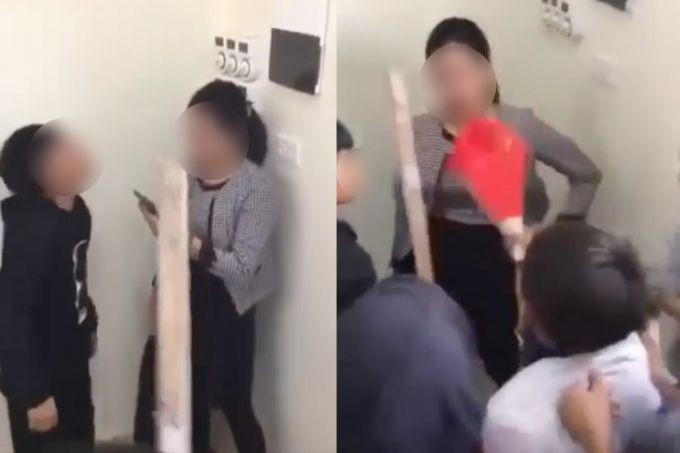 Hình ảnh giáo viên bị học sinh dồn vào góc tường. Ảnh cắt từ clip