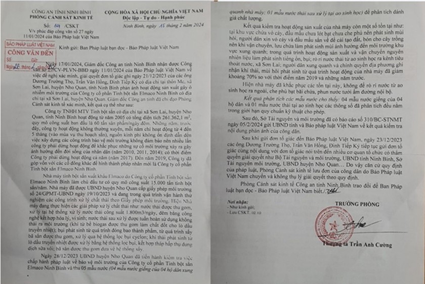 Văn bản 164/CSKT của Phòng Cảnh sát kinh tế, Công an tỉnh Ninh Bình. (Ảnh: Trung Thứ)
