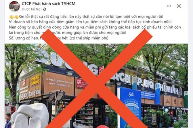 Fanpage giả danh công ty sách thông báo đóng cửa tại Đường sách TP Hồ Chí Minh. (Nguồn: Ảnh chụp màn hình)